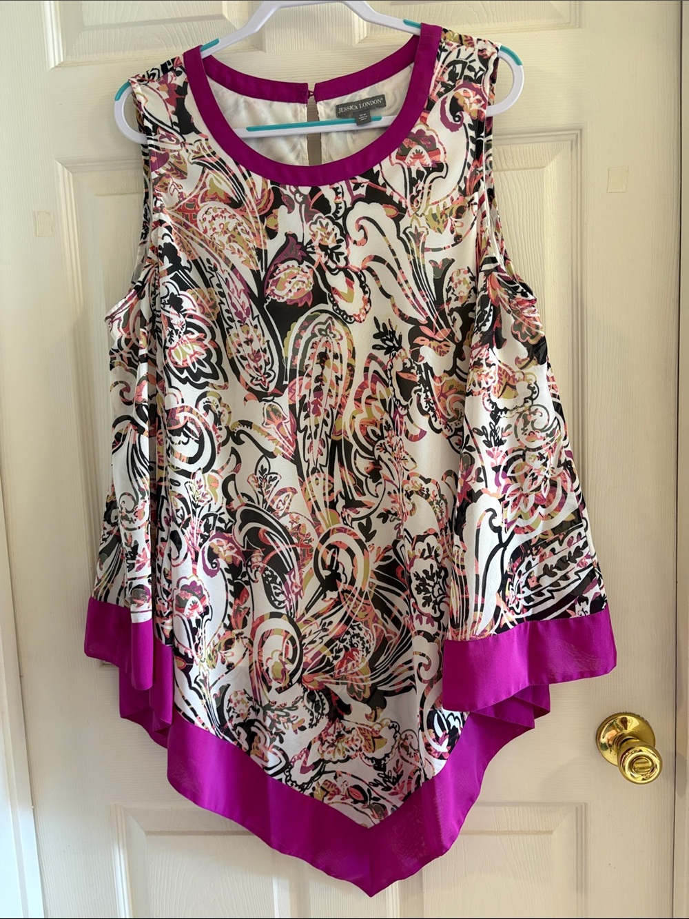 Jessica London Sleeveless Paisley Print Handkerchief Hem Top - Fuchsia Trim